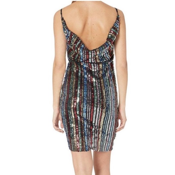 Bebe Rainbow dress Sequin Sheath cowl Draped Back small Stretchy Black NEW - Picture 2 of 6